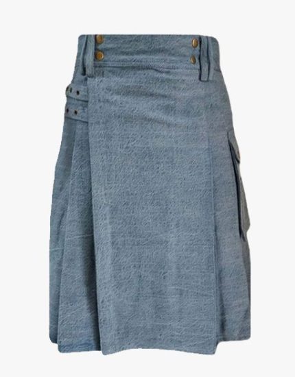 Light Wash Blue Denim Kilt with Cargo Pockets and Brass Studs