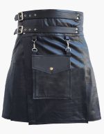 Stylish Black Leather Kilt with Detachable Front Pocket and Buckle Straps