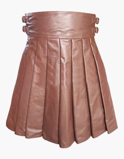 Stylish Brown Pleated Leather Kilt with Double Buckle Design