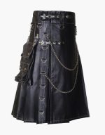 Men's Black Leather Gothic Kilt with Chains and Utility Pockets