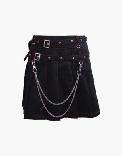 Women’s Black Pleated Mini Kilt with Chains and Belted Straps