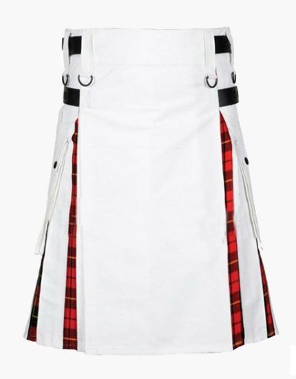 Men’s White Hybrid Utility Kilt with Wallace Tartan Accents