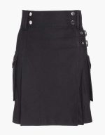 Women’s Black Utility Kilt with Buckle Straps and Functional Pockets