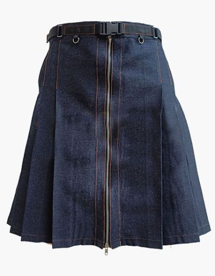 Women’s Blue Denim Mini Kilt with Front Zipper and Belt