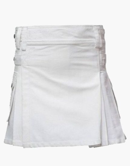 Women’s White Mini Utility Kilt with Adjustable Straps and Side Pockets