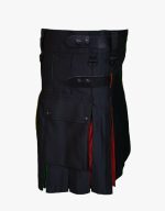 Women’s Black Utility Kilt with Bold Red Pleats and Leather Straps