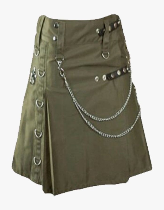 Women’s Olive Green Utility Kilt with Chain Accents and Studded Straps