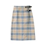 Women’s Knee-Length Tartan Skirt – Beige and Blue Plaid Skirt with Double Leather Buckle Detail - Image 2