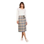Women’s Knee-Length Tartan Skirt – Beige and Blue Plaid Skirt with Double Leather Buckle Detail - Image 3